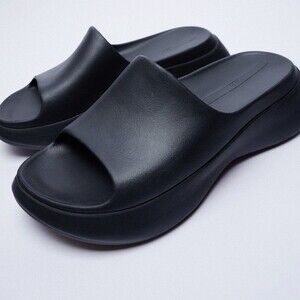 ZARA black rubberized flat sandals size 7.5 NWOT